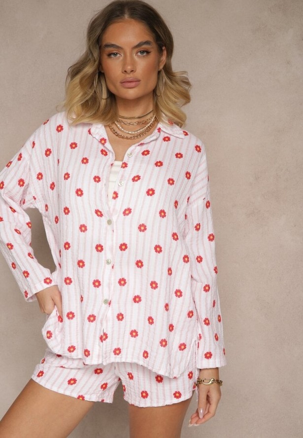 Różowy Muślinowy Komplet z Bawełny Koszula i Szorty we Wzór w Paski i Kwiaty Sellimi