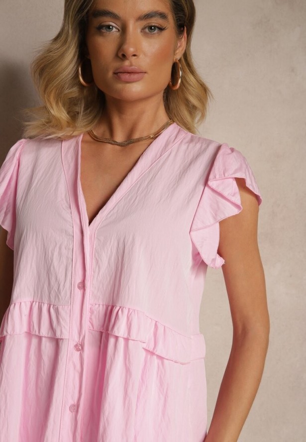 Różowa Koszula z Wiskozą Zdobiona Falbankami z Dekoltem w Serek Alisetta