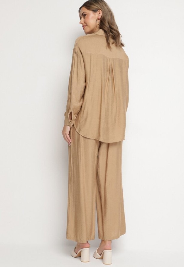 Ciemnobeżowy Wiskozowy Komplet z Koszulą i Spodniami o Szerokim Kroju Eleaviana