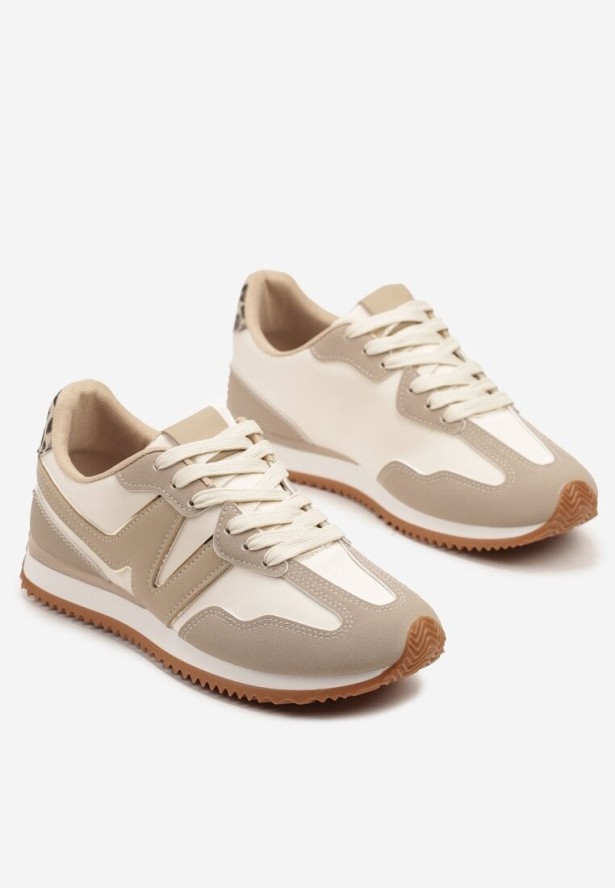 Beżowe Sneakersy z Metaliczną Lamówką i Geometrycznym Wzorem Tosvella
