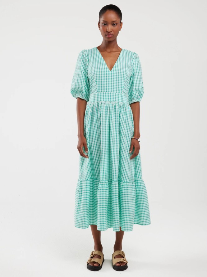 Sukienka damska midi w drobną kratkę z wiązaniem na plecach turkusowa Tiko 302