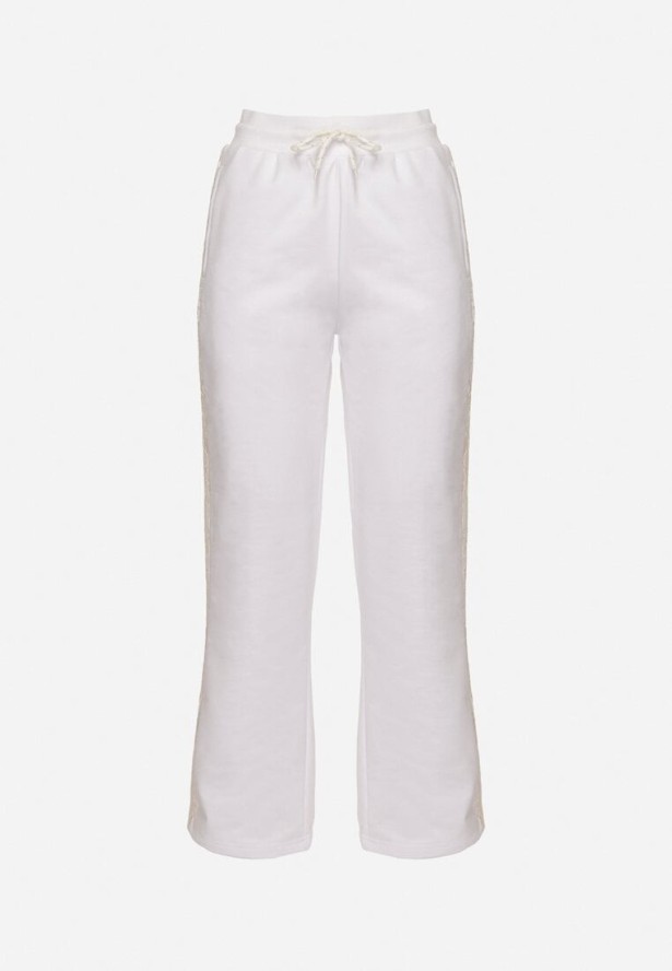 Białe Spodnie Dresowe z Bawełną i Wysokim Stanem Ozdobione Koronką Evarose