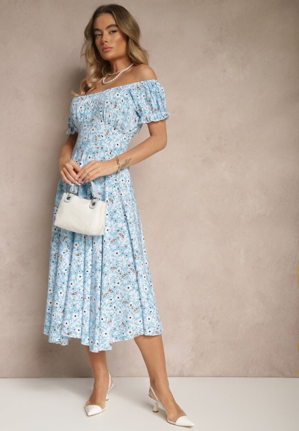 Niebieska Rozkloszowana Sukienka w Kwiatowy Print z Bawełną i Dekoltem Łódką z Bufkami Saniren