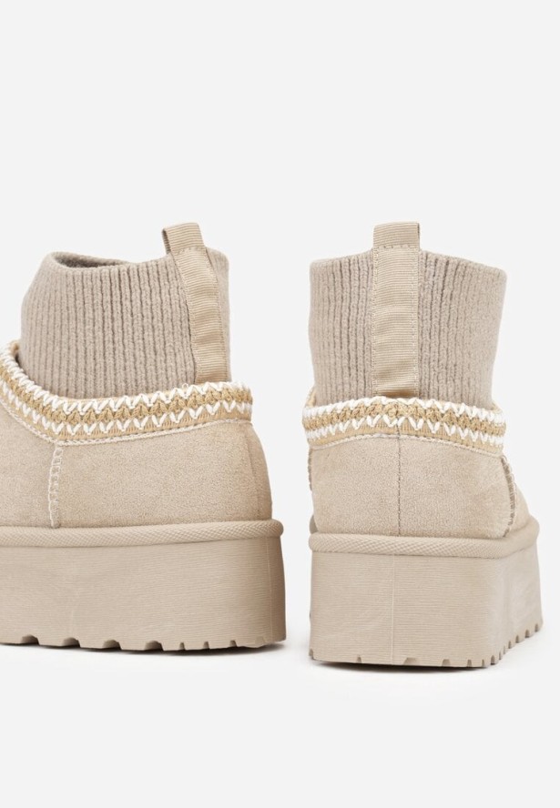 Beżowe Śniegowce VICES na Grubej Podeszwie z Haftem i Skarpetkową Cholewką Enantia