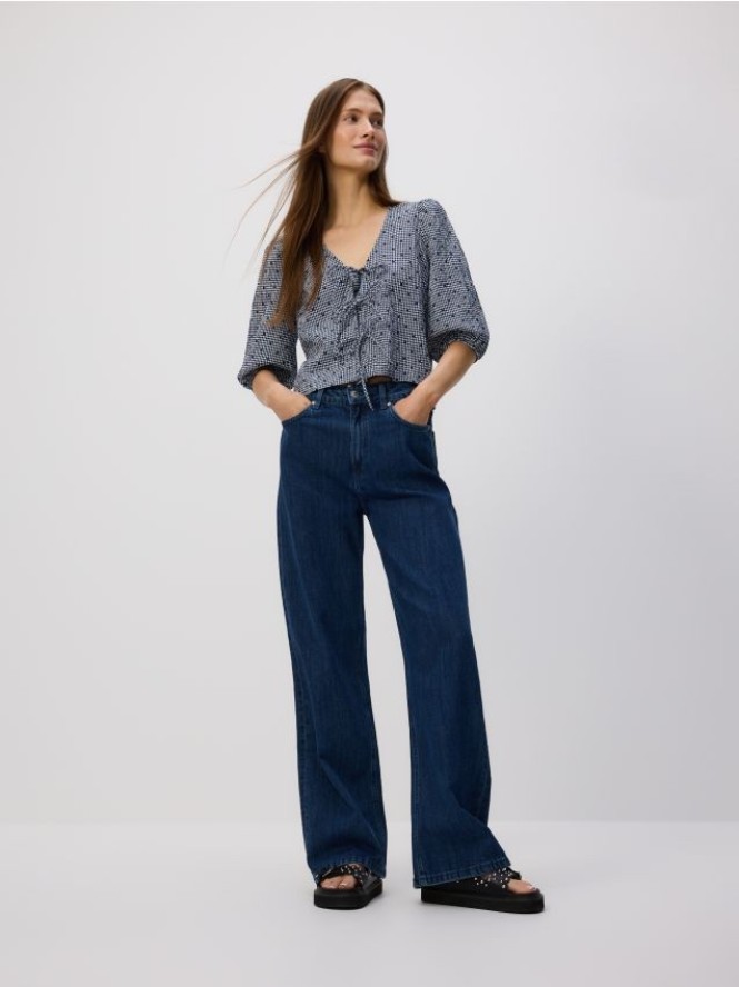 Jeansy wide leg z dodatkiem lnu - granatowy