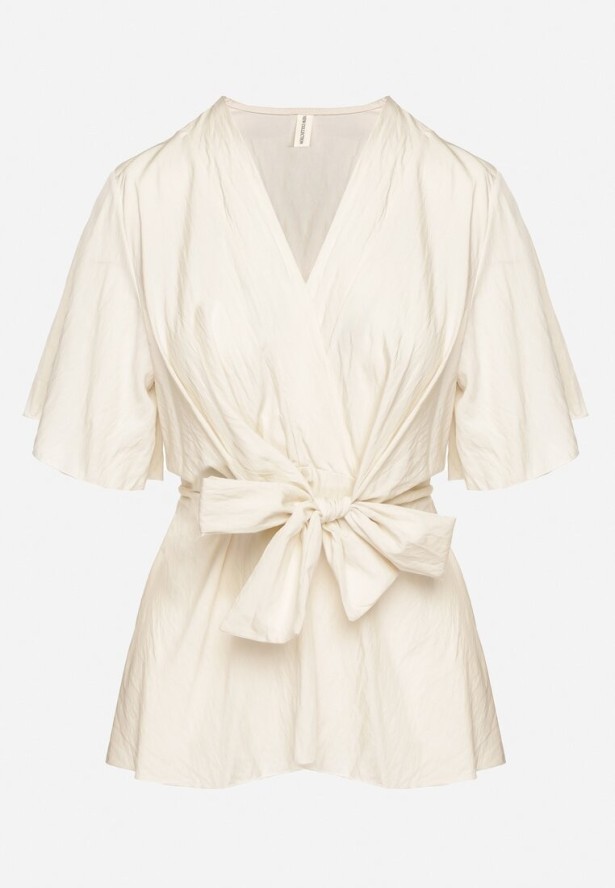 Jasnobeżowa Kopertowa Bluzka z Wiskozą Ozdobiona Supłem Tanathria