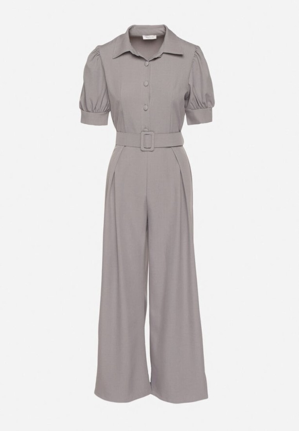 Szary Taliowany Kombinezon z Ozdobną Klamrą Filateia