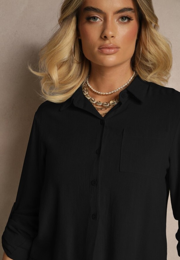 Czarny Komplet z Wiskozą i Lnem Krótka Koszula i Szorty Aneliona