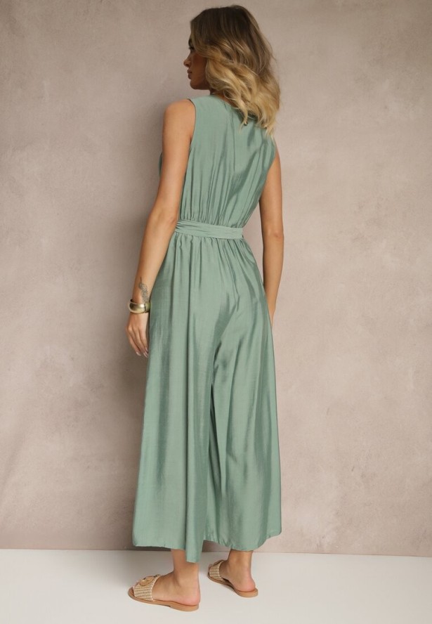 Zielony Kombinezon Taliowany z Wiskozą Ozdobiony Paskiem Evintria