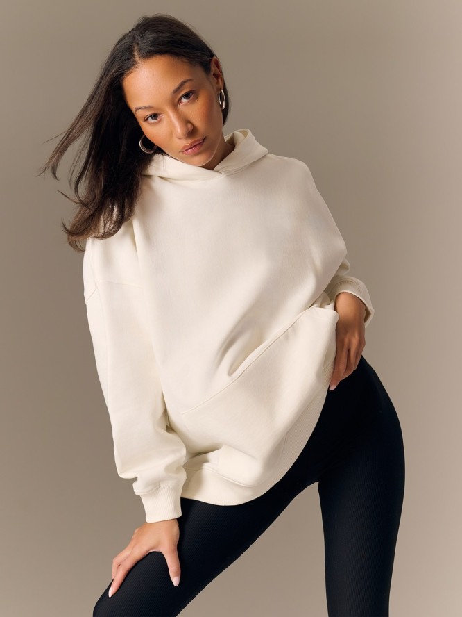 4F Bluza dresowa loose z kapturem damska - beżowa L