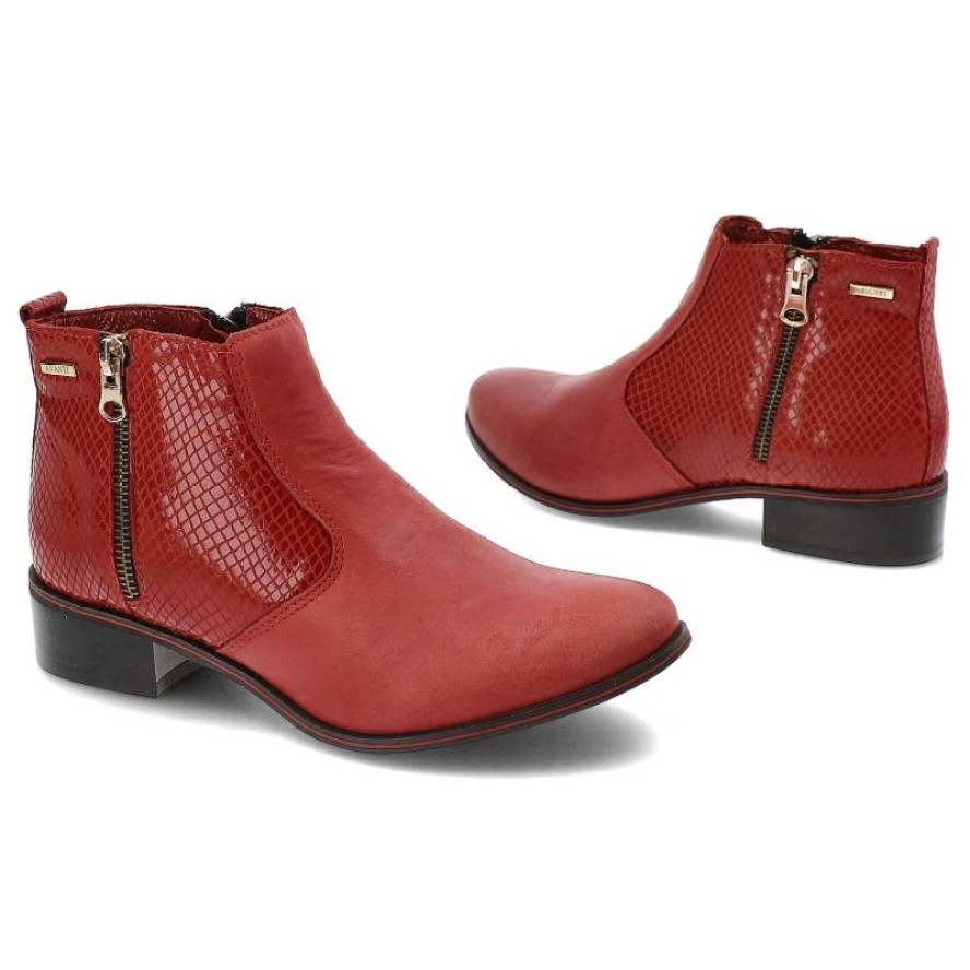 Botki damskie Avanti, licowa skóra naturalna z ozdobną fakturą i gładkim noskiem zapinane na suwak i na płaskiej podeszwie, czerwony, 191