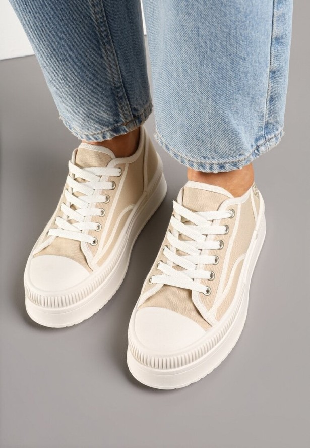 Ciemnobeżowe Trampki na Grubej Podeszwie Ozdobione Metaliczną Aplikacją Efadelis