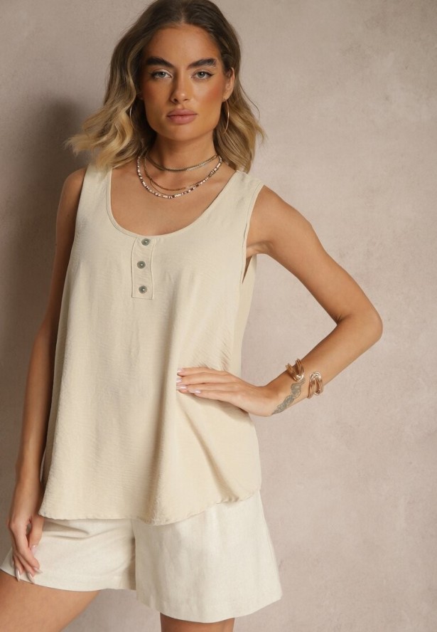 Beżowy Top z Bawełną Ozdobiony Guzikami Ulosiella