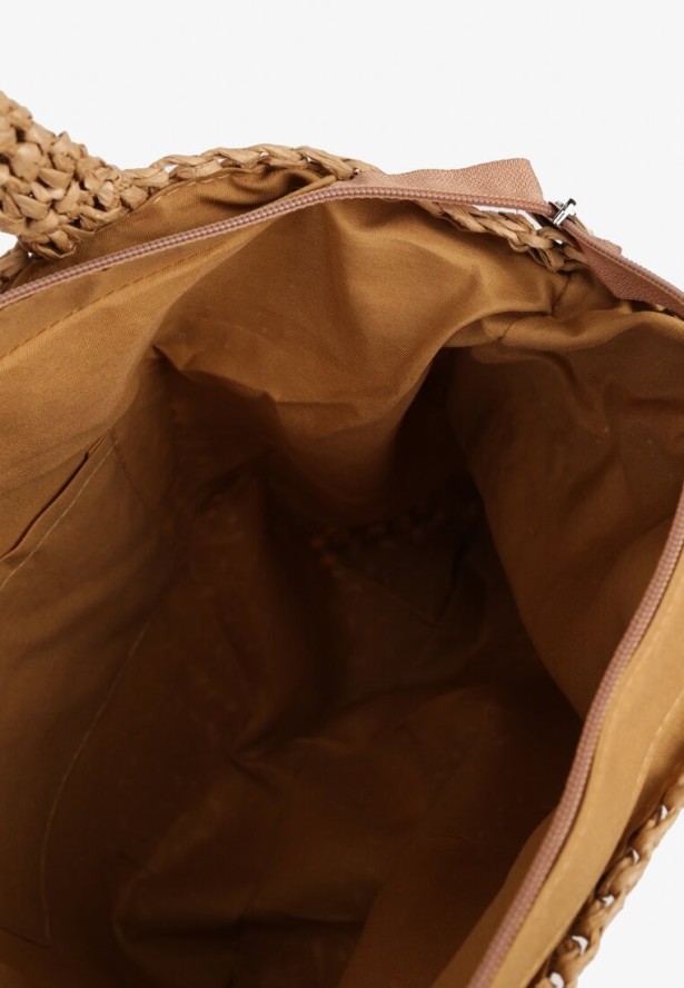 Ciemnobeżowa Pleciona Torebka Shopperka z Napisem Odaville