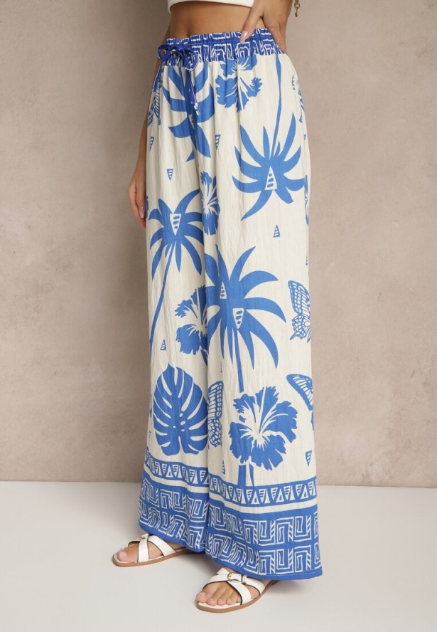 Niebieskie Szerokie Spodnie z Gumką w Pasie w Stylu Boho Evirami