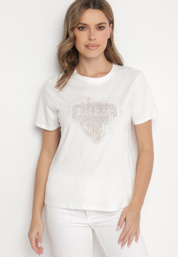 Biała Bawełniana Bluzka z Napisem i Cyrkoniowym Sercem Marilys