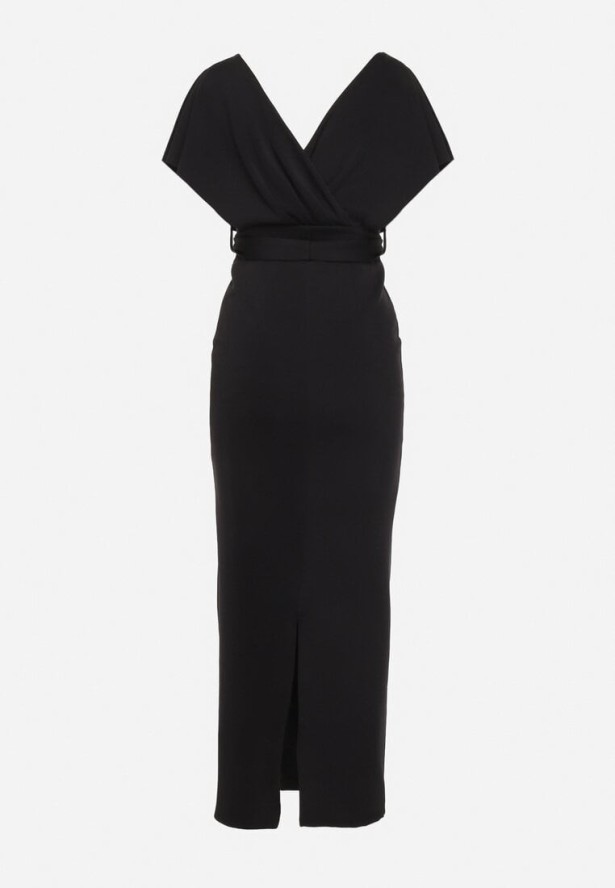 Czarna Wieczorowa Sukienka z Kopertowym Dekoltem i Rozcięciem z Materiałowym Paskiem Vorni