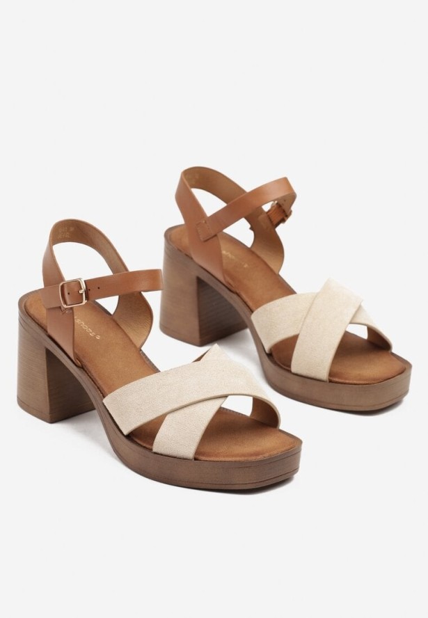 Beżowe Sandały na Słupku Ozdobione Dwoma Paskami Jasirea