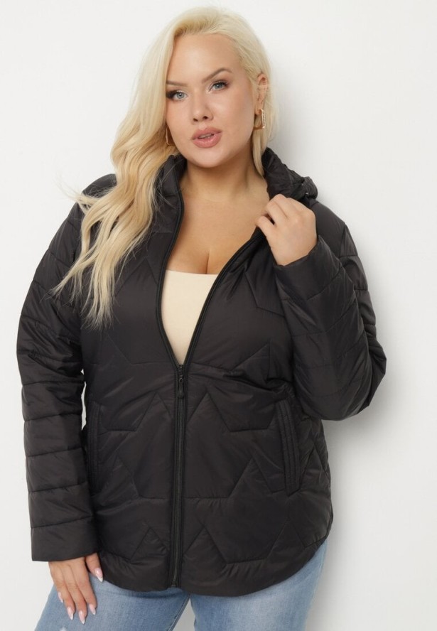 Czarna Kurtka Pikowana z Odpinanym Kapturem Nalaniel