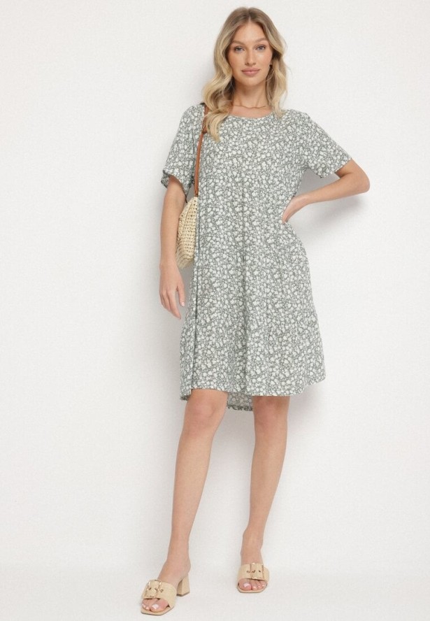 Zielona Sukienka z Bawełną w Kwiatowy Wzór Lunasenia