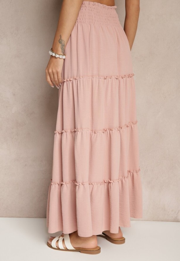 Różowa Rozkloszowana Spódnica z Gumką w Talii Zdobiona Falbanami Dovinelle