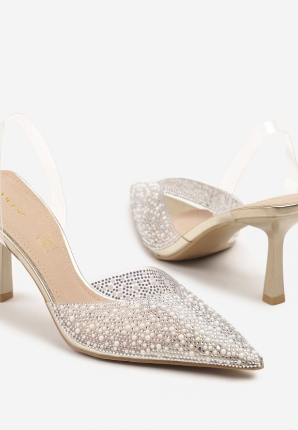 Złote Sandały Vices na Szpilce Bez Pięty ze Skórzaną Wkładką i Cyrkoniami Ovinelle