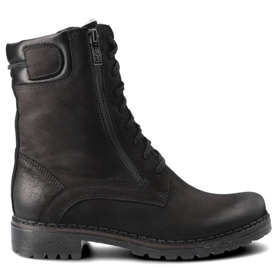 Botki damskie Simen, na płaskim obcasie z ozdobnym suwakiem z boku cholewki, czarne, 08237-S04