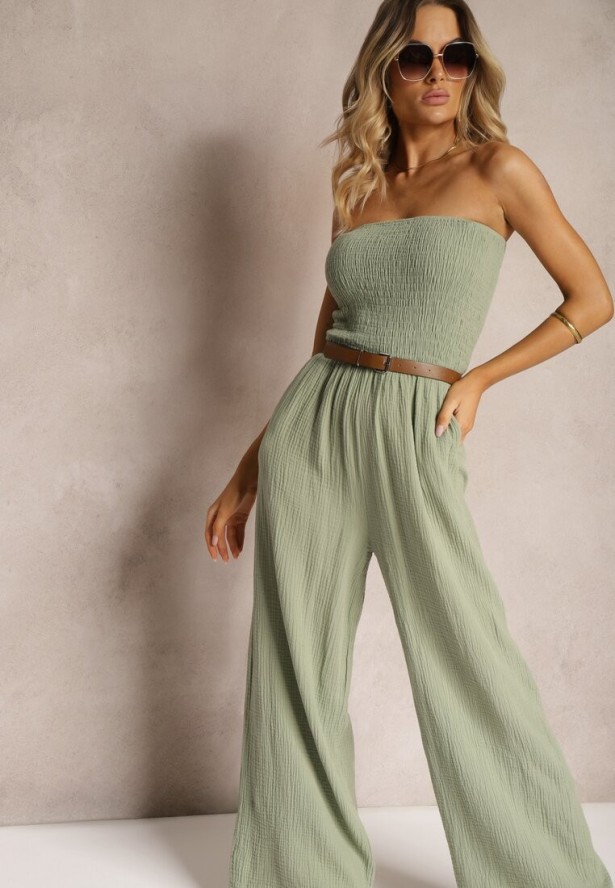 Jasnozielony Kombinezon z Bawełny z Długimi Nogawkami Ozdobiony Marszczoną Górą Moraena