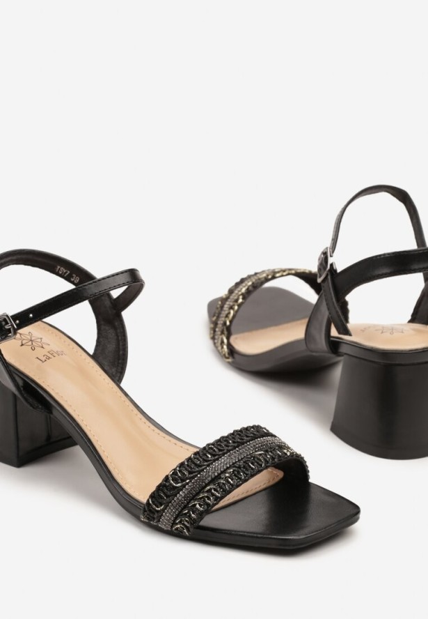Czarne Sandały na Słupku z Plecionką Clesandra