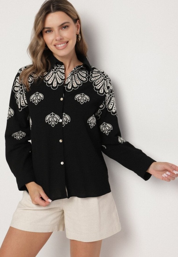 Czarna Bawełniana Koszula Zdobiona Ażurowym Haftem Nevriona