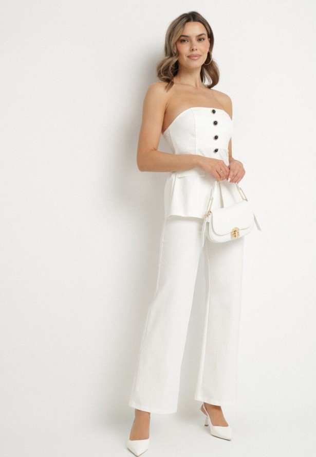 Biały Komplet Top z Baskinką i Ozdobnymi Guzikami i Szerokie Spodnie Palesia