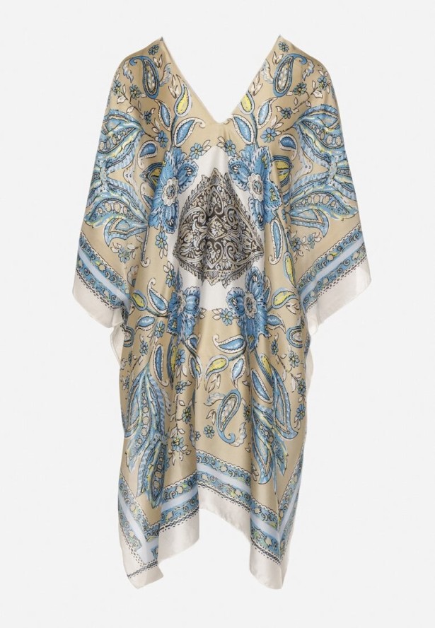 Beżowe Lekkie Ponczo Narzutka z Jedwabiu i Wiskozy w Ornamentalny Wzór Azendia
