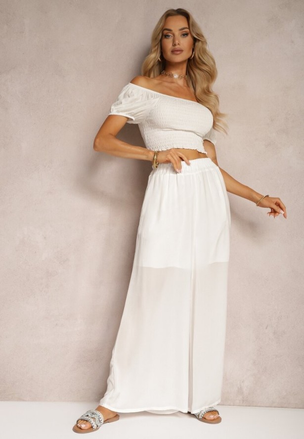 Białe Wiskozowe Spodnie Szerokie High Waist Rissalene