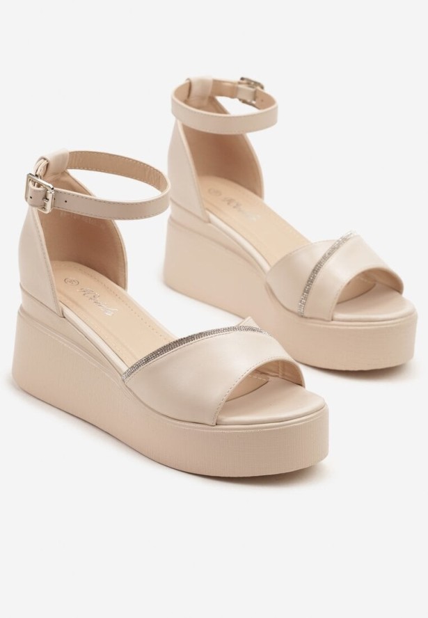 Beżowe Sandały na Koturnie z Cyrkoniami Natirave