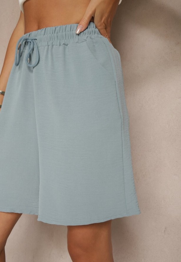 Niebieskie Szorty z Bawełną High Waist Ozdobione Sznurkiem Talanisse