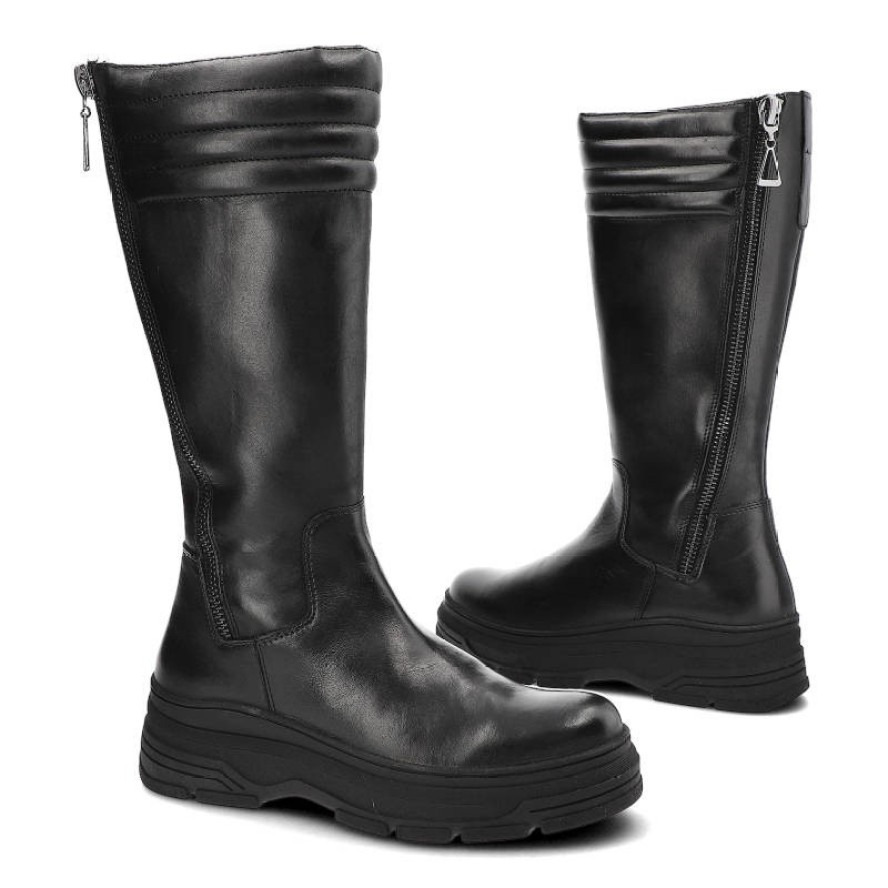 Czarne Kozaki Marco Tozzi Wygodne Skórzane Buty Damskie