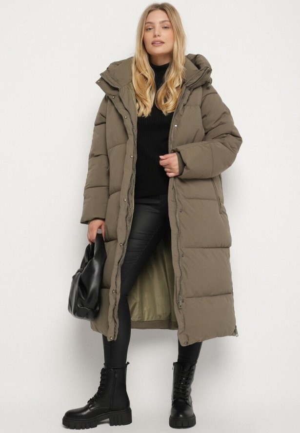 Ciemnozielona Pikowana Kurtka Zimowa z Kapturem i Bocznymi Suwakami Falossea