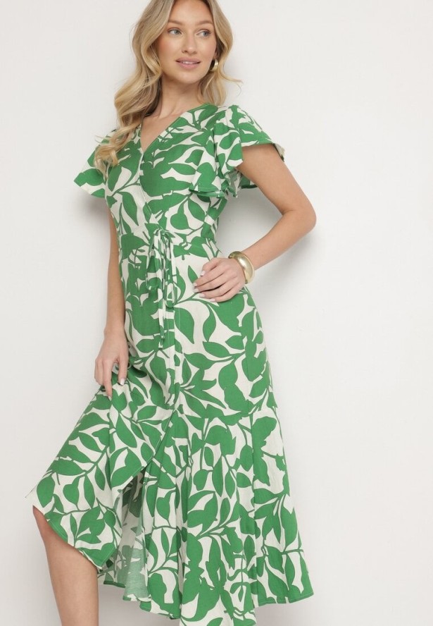 Jasnozielona Rozkloszowana Sukienka z Wiązaniem w Roślinny Wzór Janitaie