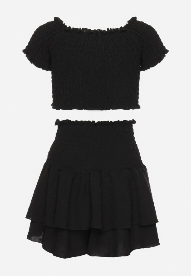 Czarny Komplet Top w Stylu Hiszpanki i Spódnico-Szorty z Gumką Quillatta