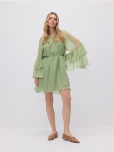 Sukienka mini z falbanami - oliwkowy