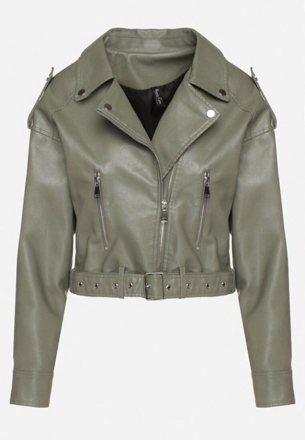 Jasnozielona Kurtka Ramoneska z Klamrami Sesariah