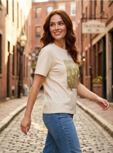 Bawełniana koszulka z krótkim rękawem i złotym nadrukiem - kremowy