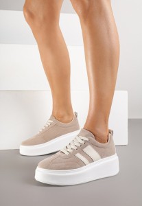 Ciemnobeżowe Sneakersy Kultowe Tenisówki na Platformie z Koturnem Elisara