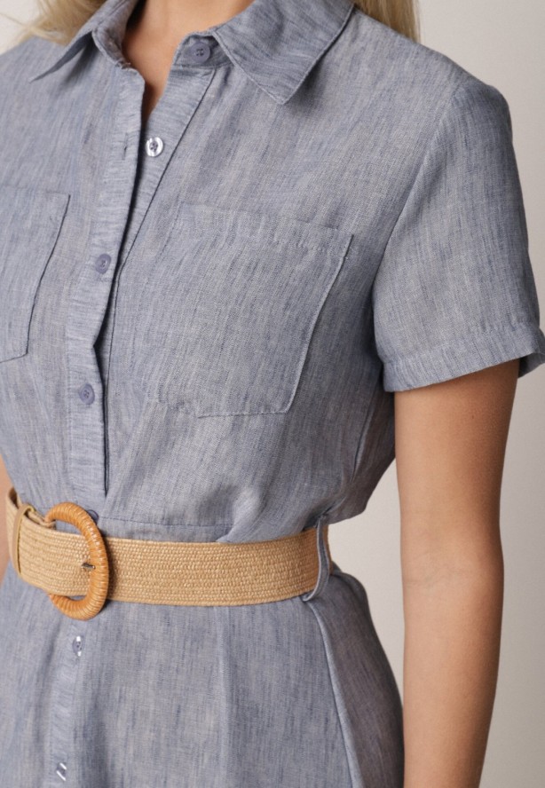 Niebieska Sukienka Koszulowa z Krótkim Rękawem i Paskiem z Klamrą Orethea