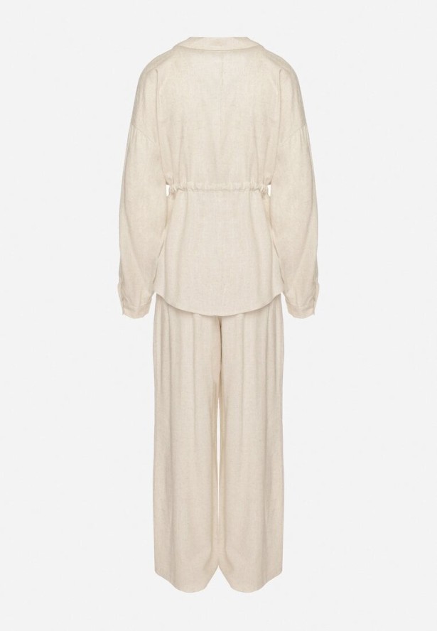 Beżowy Komplet z Wiskozą Koszula Ściągana w Talii i Szerokie Spodnie Divellara