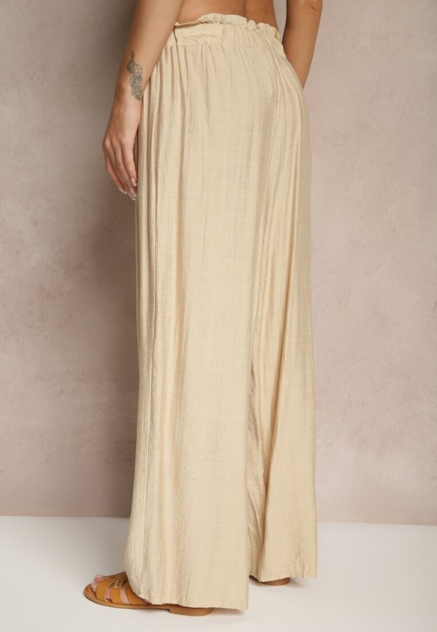 Beżowe Spodnie High Waist o Szerokim Kroju z Wiązaniem Telisiela