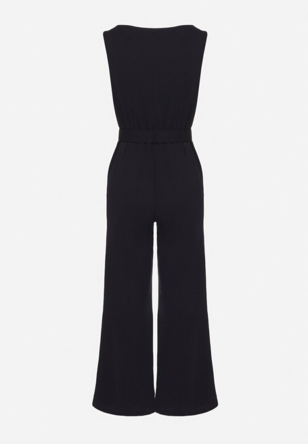 Granatowy Kombinezon z Wywijanym Dekoltem w Łódkę i Paskiem z Klamrą Galithiela