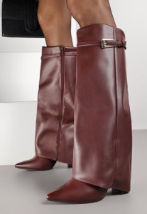 Bordowe Kozaki na Słupku Typu Kowbojki Ozdobione Klamrą i Wywiniętą Cholewką Nalonea