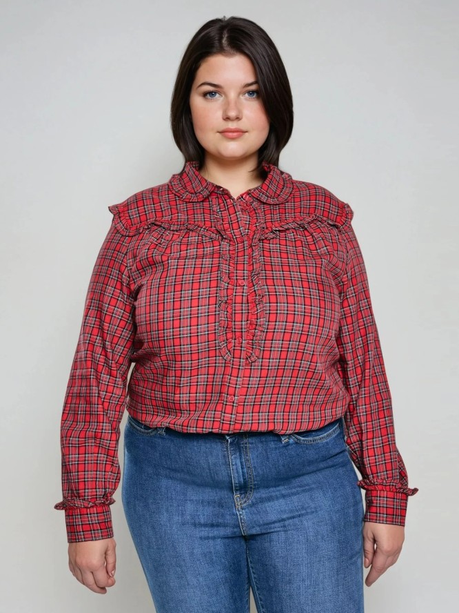 Koszula damska w kratę z ozdobnymi falbankami czerwona Frilo 000