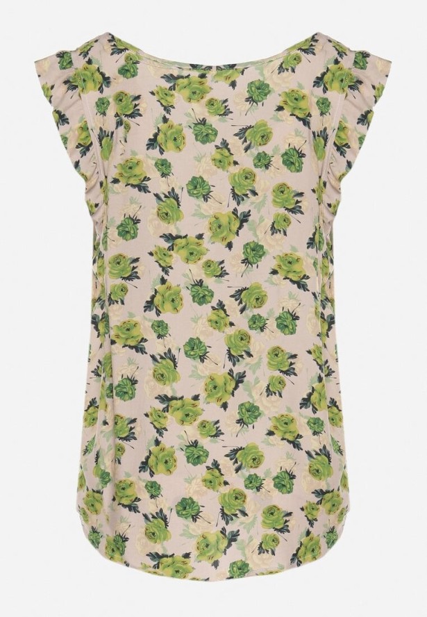 Zielono-Beżowa Bawełniana Bluzka w Kwiaty Naperia